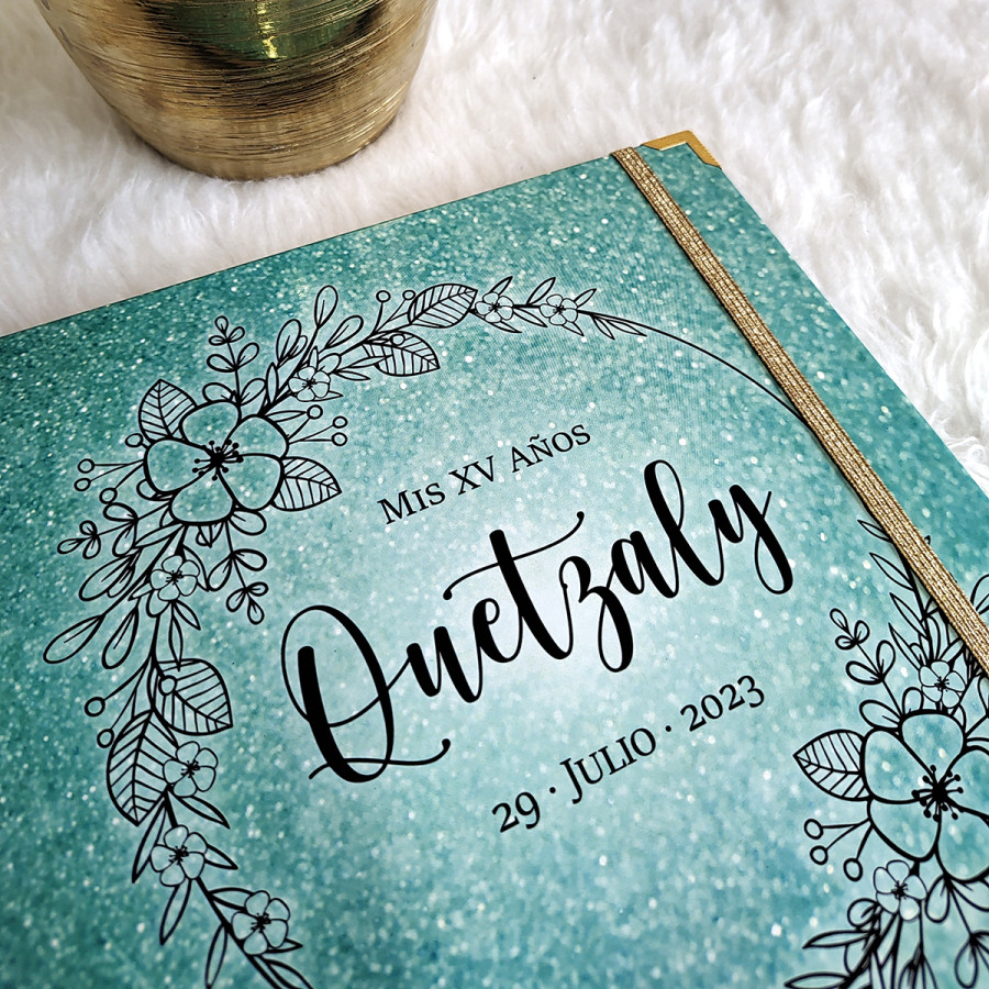 Guestbook XV Años - Verde Turquesa y Dorado con marco floral Guestbook XV Años - Verde Turquesa y Dorado con marco floral
