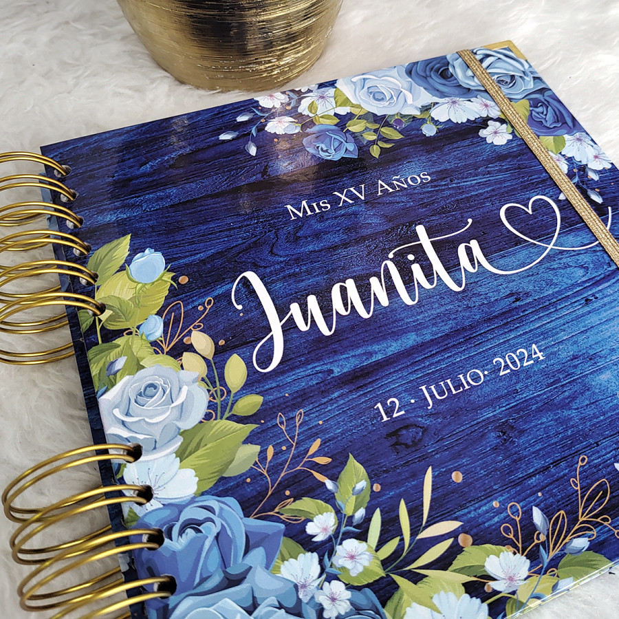 Libro de Firmas XV Años - Madera Azul y Rosas