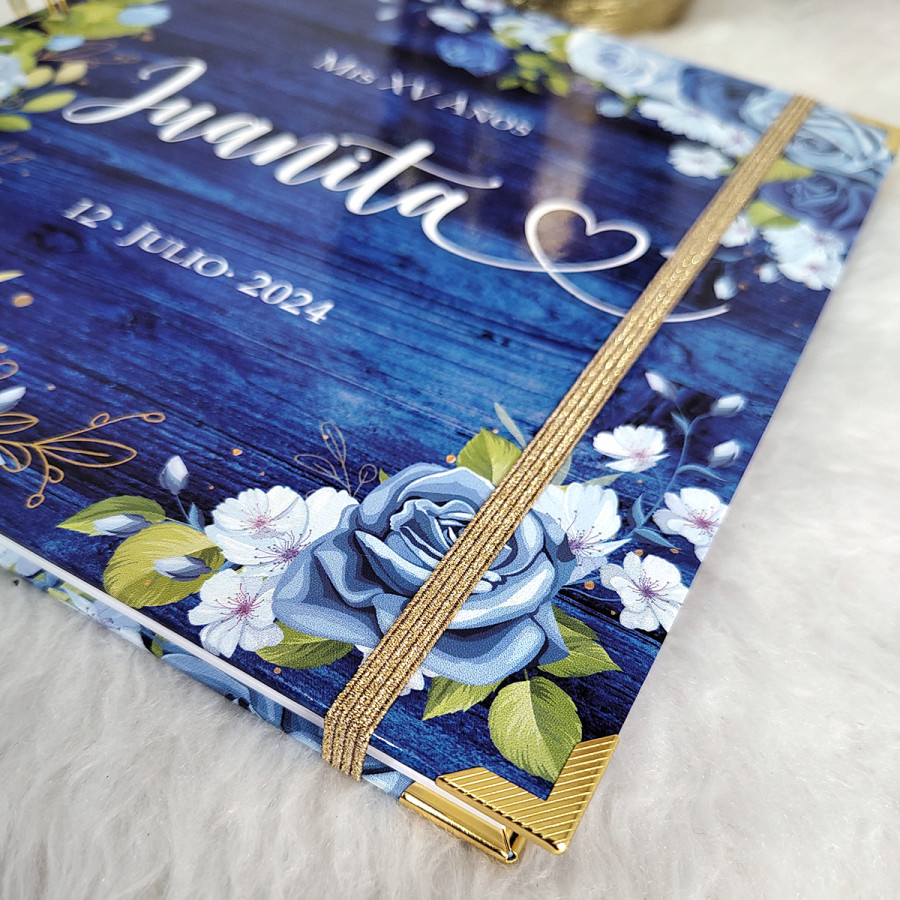 Libro de Firmas XV Años - Madera Azul y Rosas