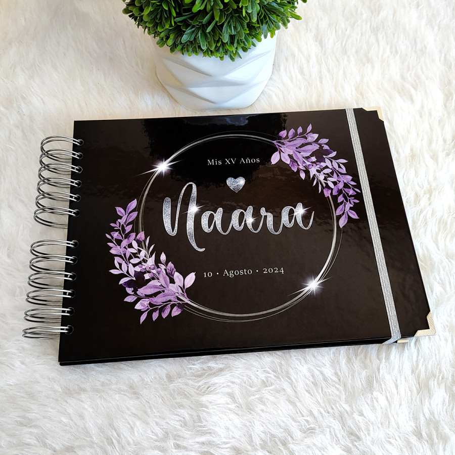 Libro de Firmas XV Años - Negro y Floral Lila con Plateado