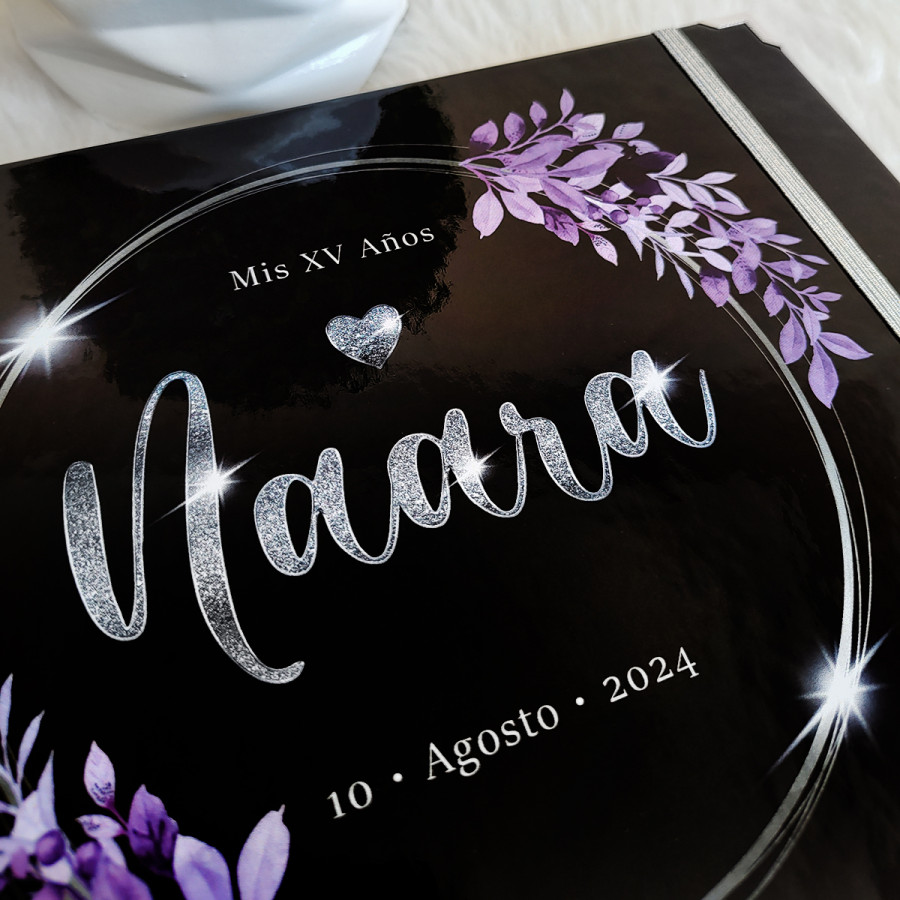 Libro de Firmas XV Años - Negro y Floral Lila con Plateado