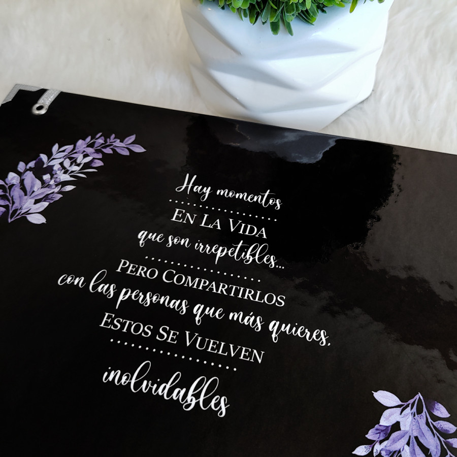 Libro de Firmas XV Años - Negro y Floral Lila con Plateado