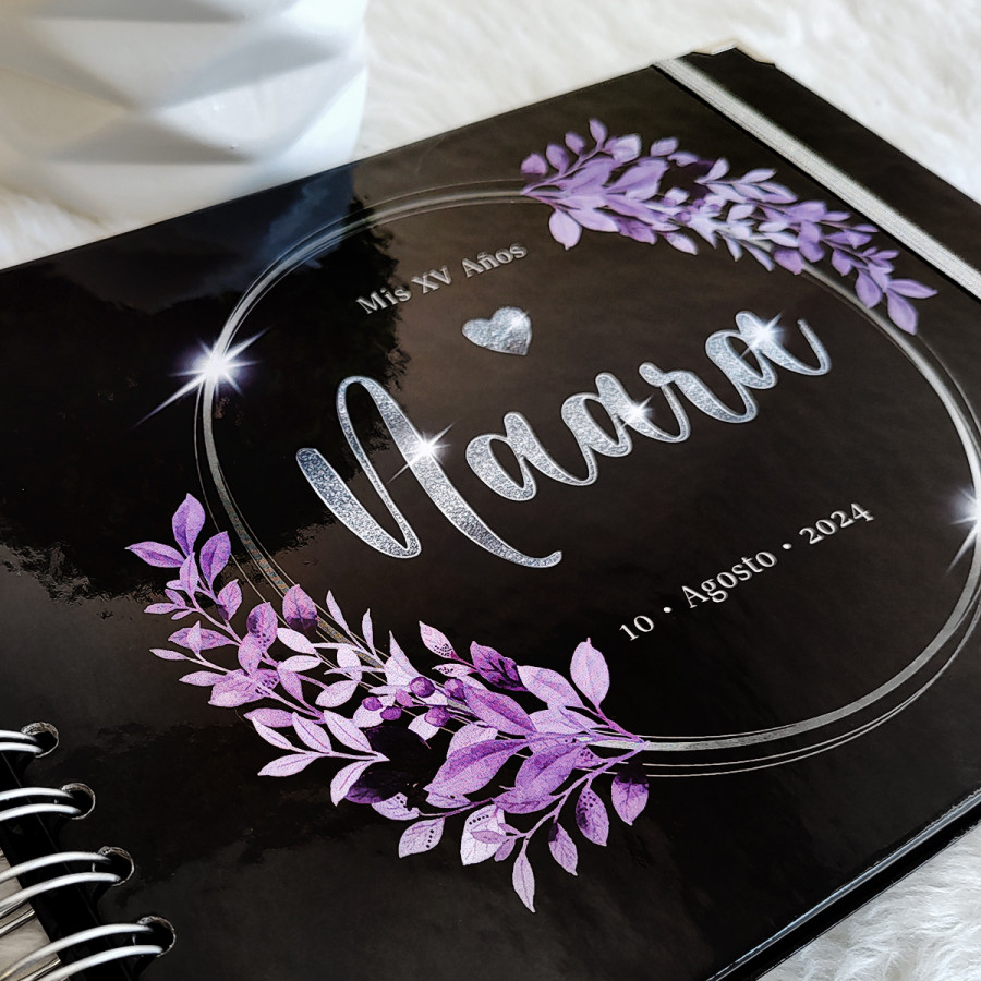 Libro de Firmas XV Años - Negro y Floral Lila con Plateado