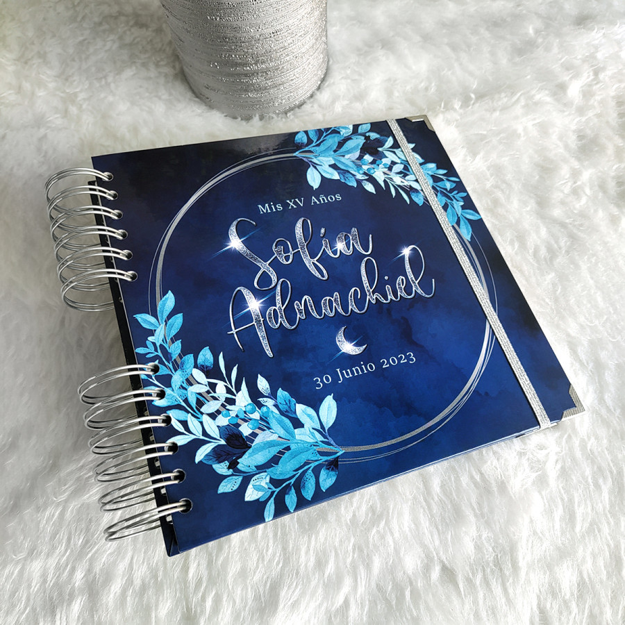 Álbum de Firmas XV Años - Diseño Floral Azul y Detalles en Plata