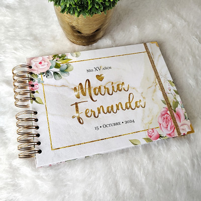 Libro de Invitados XV Años - Marmol Blanco y Flores