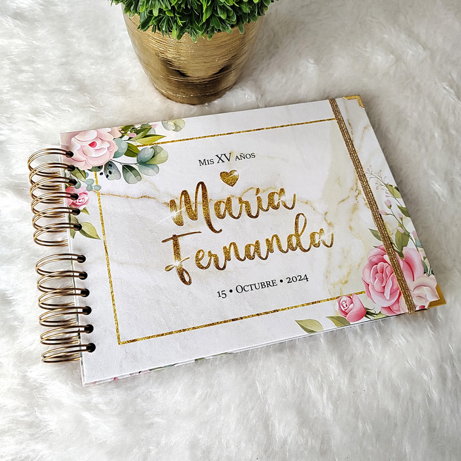 Libro de Invitados XV Años - Marmol Blanco y Flores