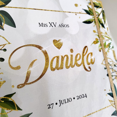 Libro de Visitas XV Años -  Blanco, Hojas Verde y Dorado