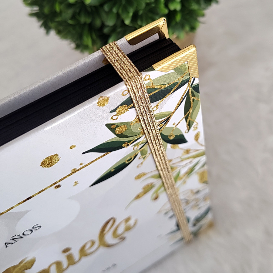 Libro de Visitas XV Años -  Blanco, Hojas Verde y Dorado