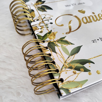 Libro de Visitas XV Años -  Blanco, Hojas Verde y Dorado