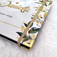 Libro de Visitas XV Años -  Blanco, Hojas Verde y Dorado