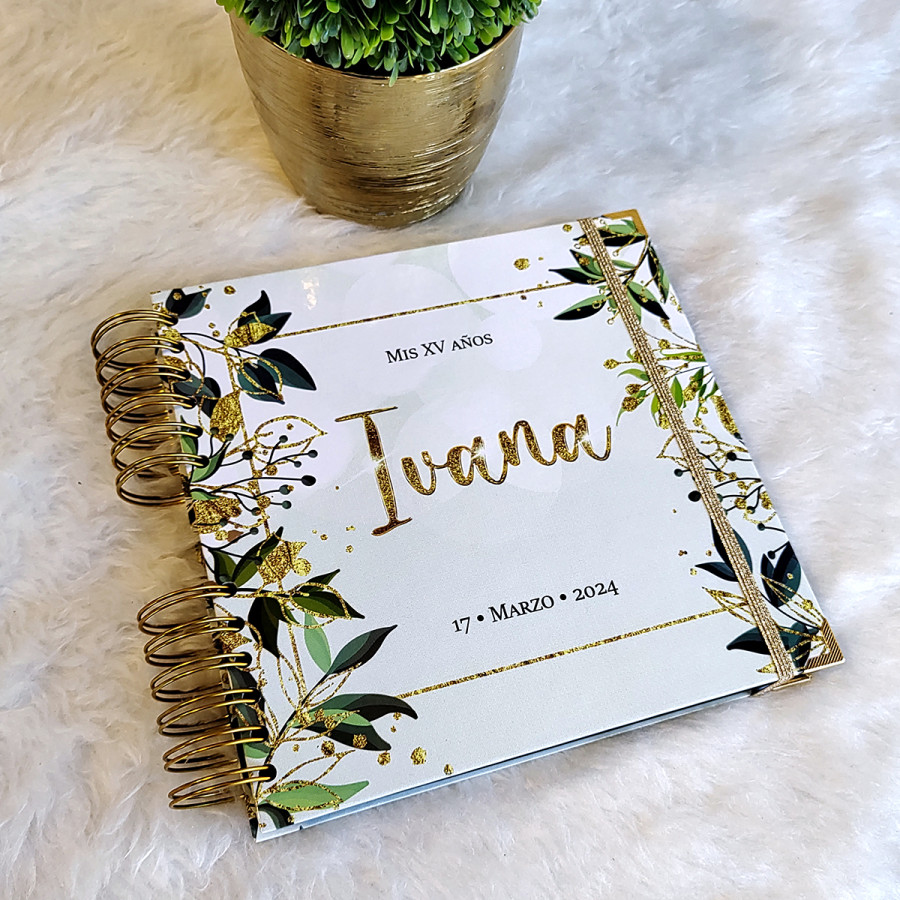 Libro de Visitas XV Años -  Blanco, Hojas Verde y Dorado