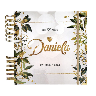 Libro de Visitas XV Años -  Blanco, Hojas Verde y Dorado