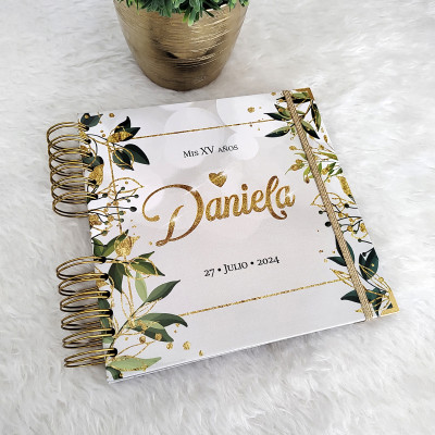 Libro de Visitas XV Años -  Blanco, Hojas Verde y Dorado