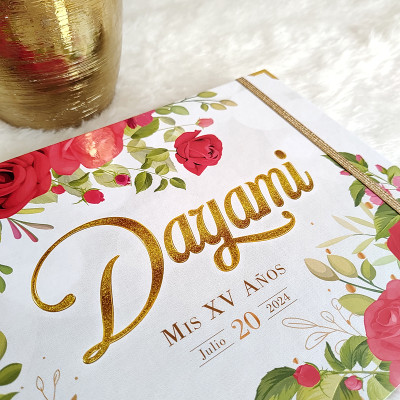 Libro de Firmas XV Años - Rosas Rojas y Dorado