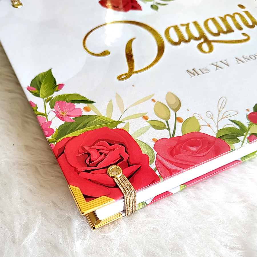 Libro de Firmas XV Años - Rosas Rojas y Dorado