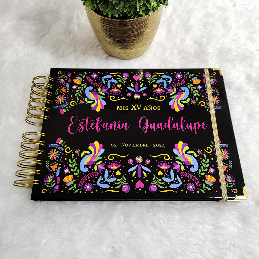 Libro de Firmas XV Años - Flores Mexico Negro Dorado