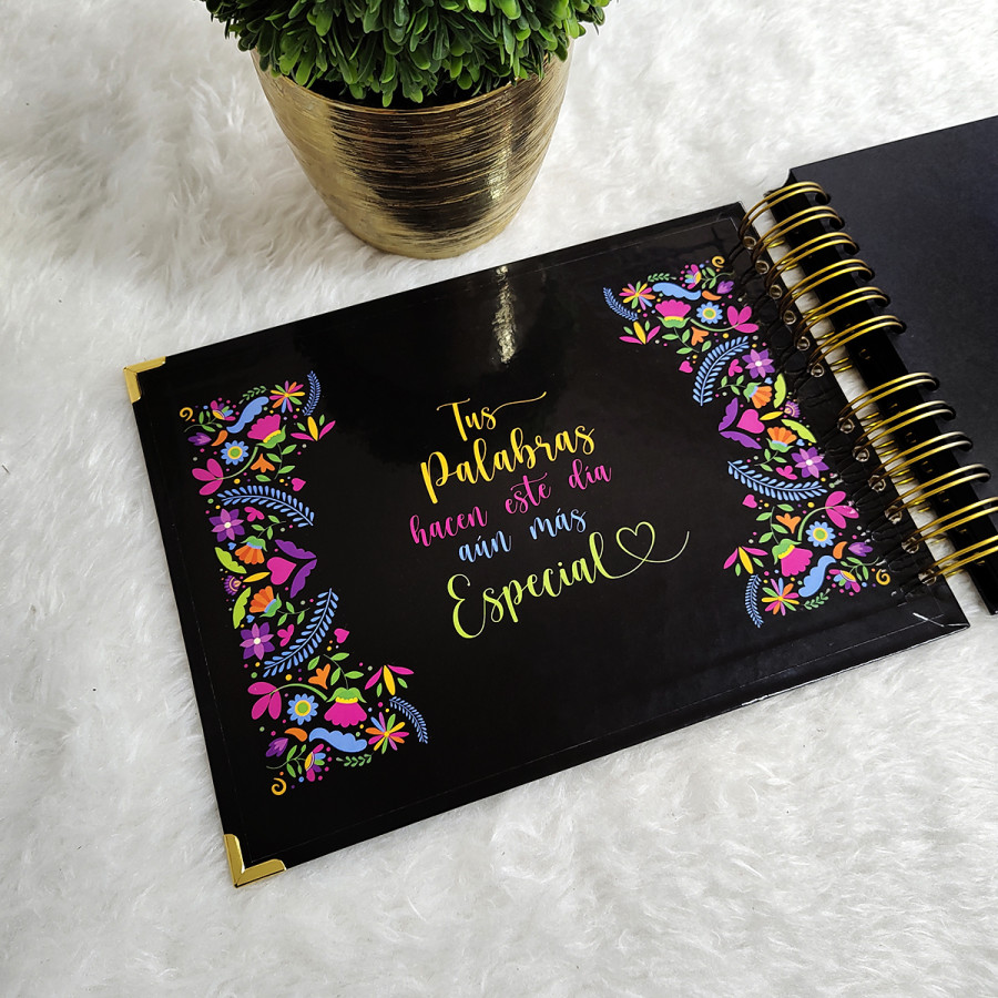 Libro de Firmas XV Años - Flores Mexico Negro Dorado